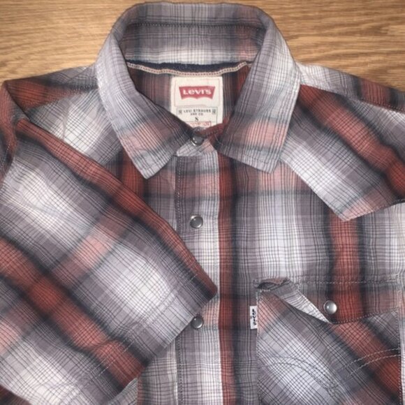 Levis Mens Plaid S/S Collared Pearl Snap Button Down Shirt Size S Orange Gray - Picture 1 of 7